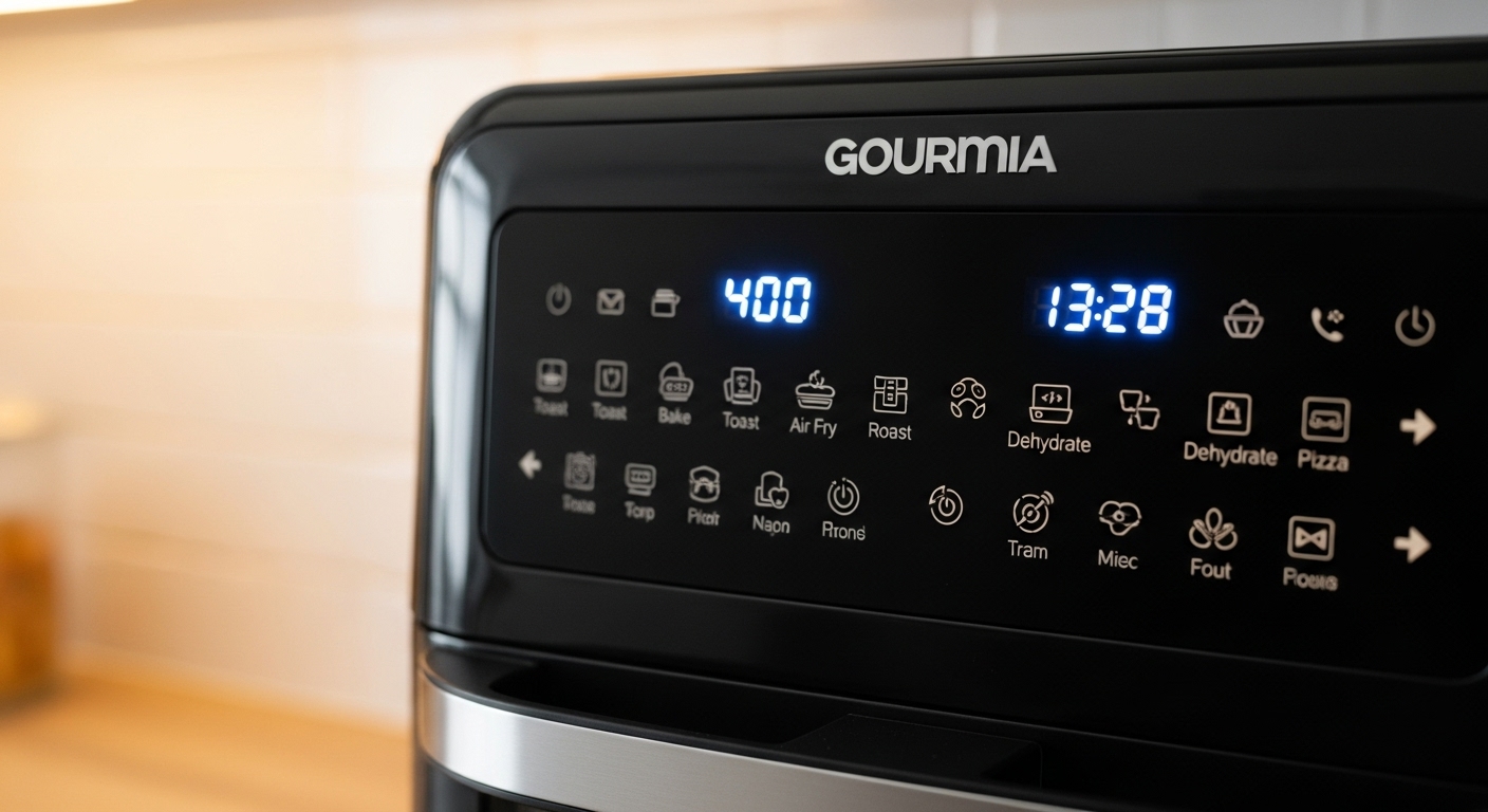 Digitales Bedienfeld des Gourmia Toaster Oven Air Fryer Combo mit Kochvoreinstellungen.