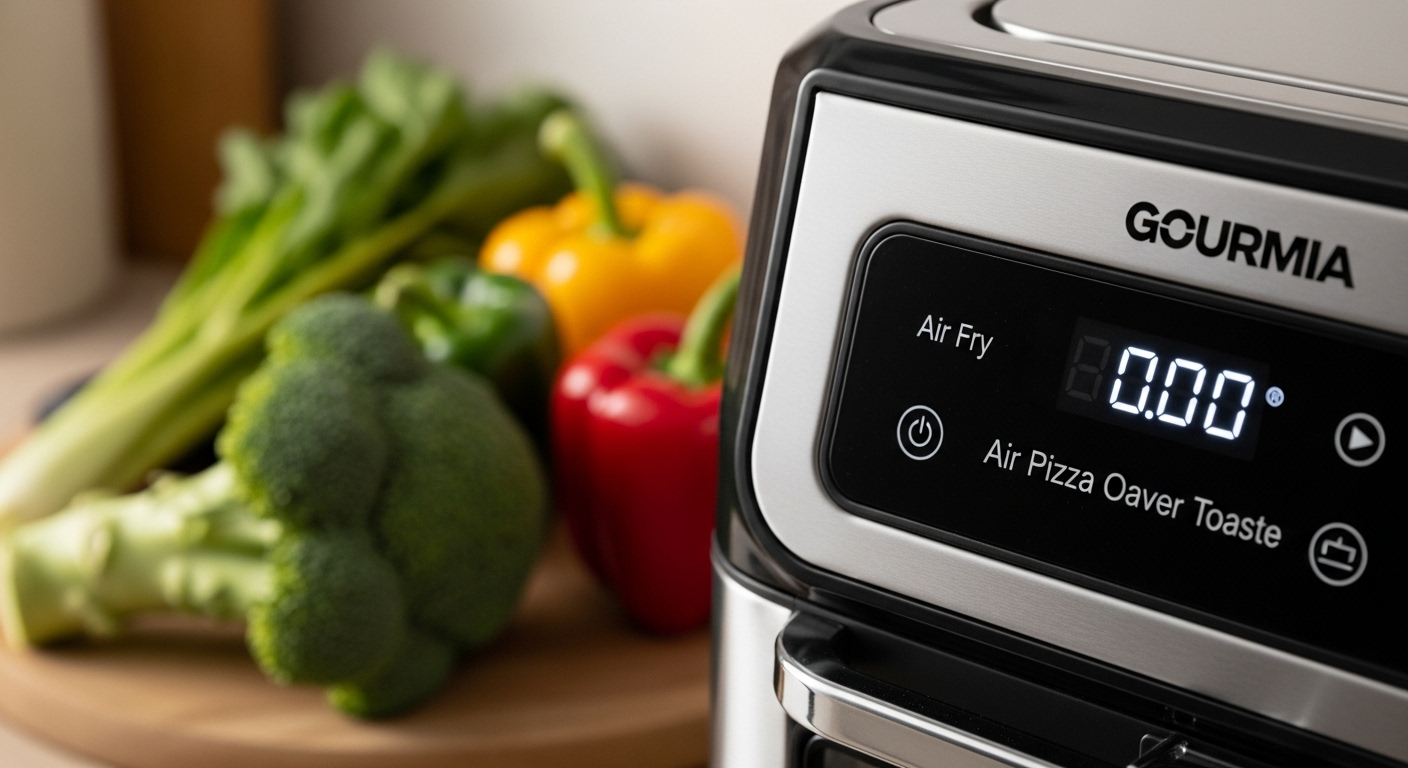 Gros plan sur les commandes numériques du four à pizza, friteuse et grille-pain Gourmia d'intérieur, montrant la fonction de friture à air et la finition en acier inoxydable dans un cadre de cuisine chaleureux.