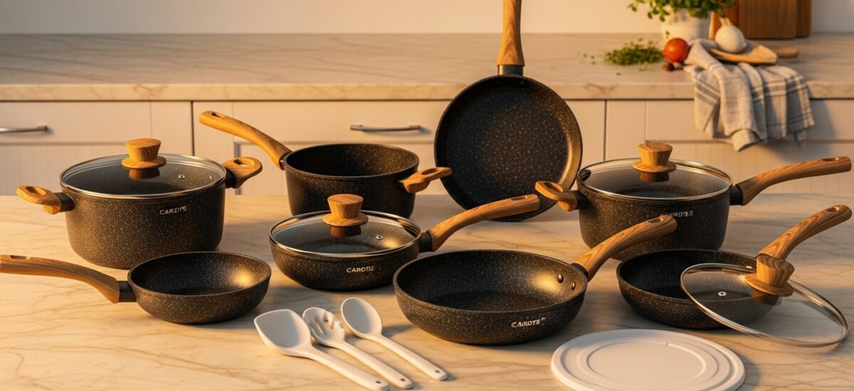 CAROTE 17 Piezas Juego de Ollas y Sartenes Antiadherentes: El Set de Cocina Definitivo para Ahorrar Espacio