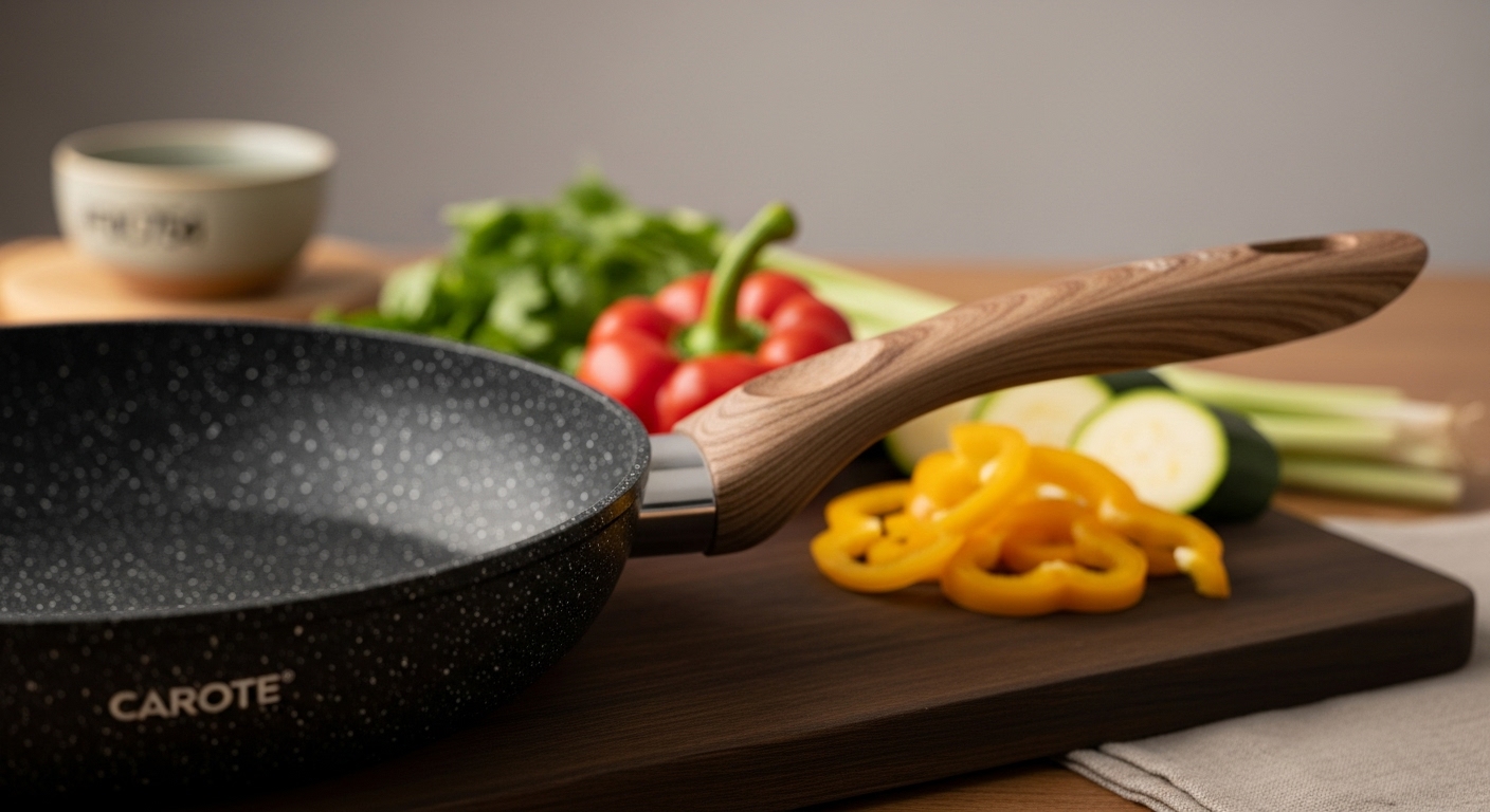Primer plano de una sartén antiadherente CAROTE con su único mango desmontable de aspecto de madera, lista para cocinar.