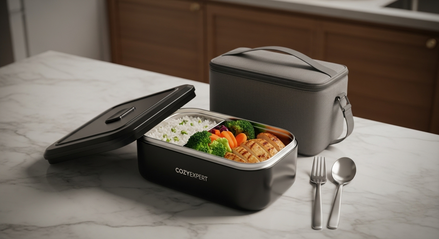 Black COZYEXPERT 100W Electric Lunch Box with an open stainless steel container showing a healthy meal, alongside an insulated bag and cutlery.