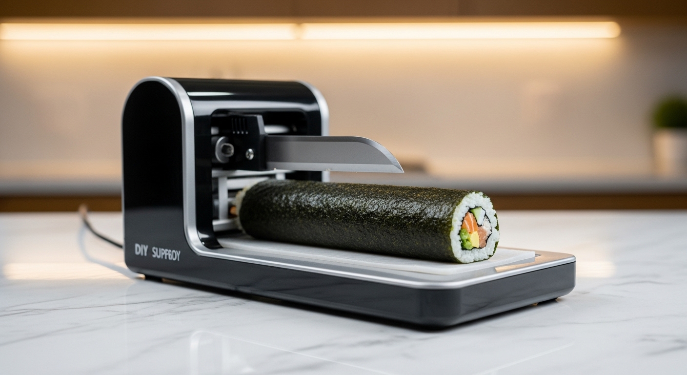 Automatic sushi roller cutter with sharp stainless steel blade, preparing sushi rolls in a modern kitchen.