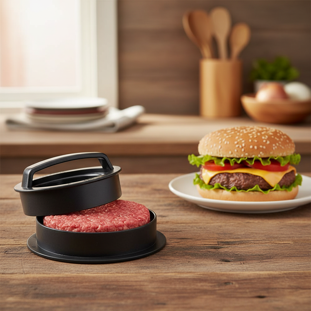 Schwarze 3-in-1 Burgerpresse, zerlegt, um ihre Komponenten für die Herstellung von regulären, gefüllten und Slider-Patties zu zeigen, mit rohem Hackfleisch und einem fertigen Hamburger.
