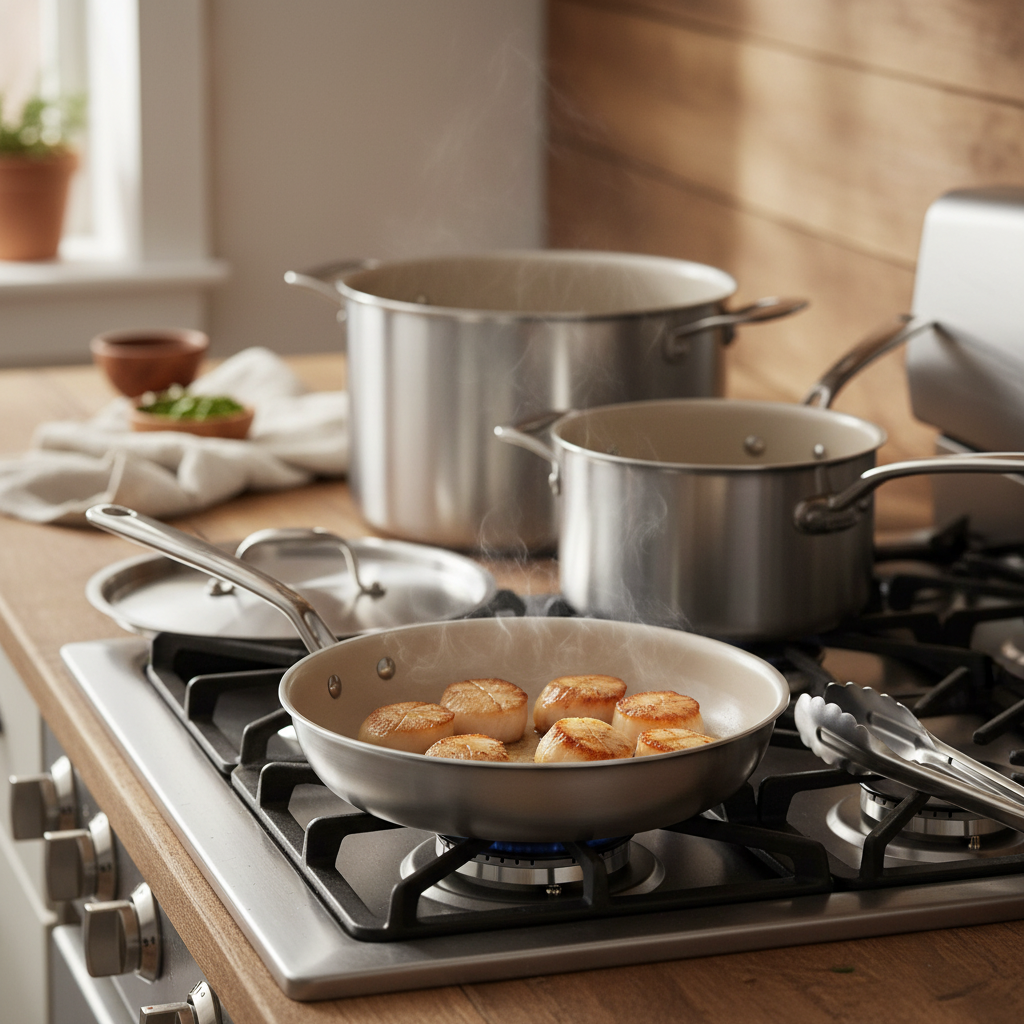 Made In Cookware 7-Piece Ceramic Non Stick Pot and Pan Set with stainless handles on a white background, showing frying pan, stock pot, saute pan, and saucepan with lids.