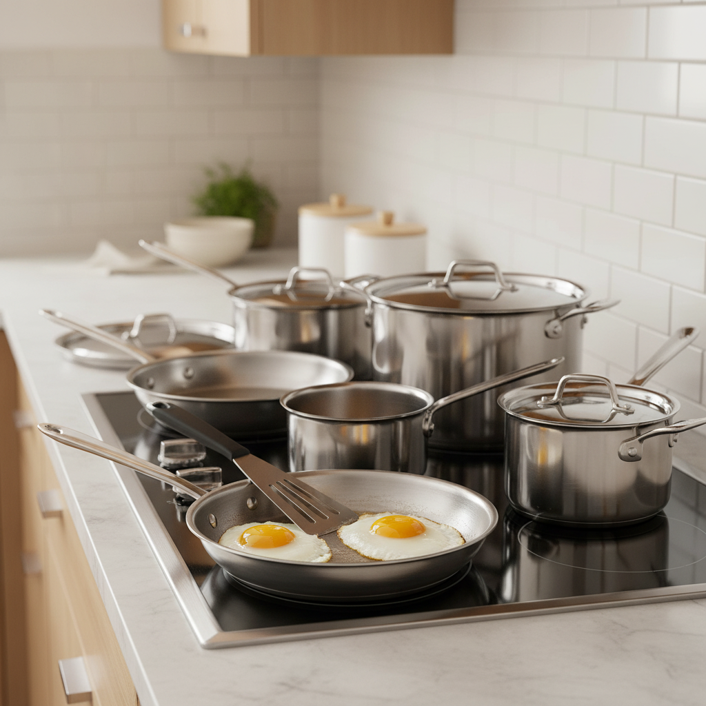 All-Clad D3 3-Ply Stainless Steel Cookware Set, 10-Piece, arranged neatly on a white background, showcasing frying pans, saucepans, sauté pan, and stockpot with lids.