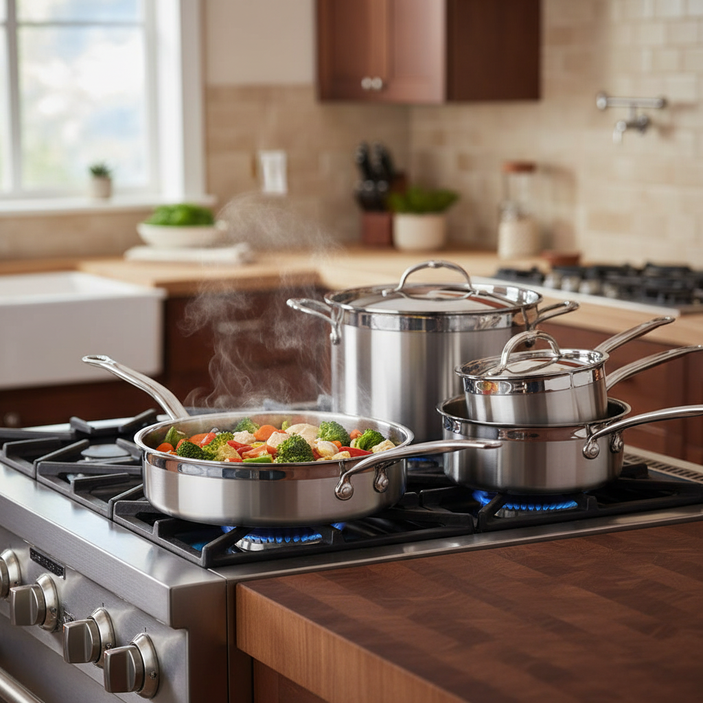 Hestan ProBond Collection Professional Clad Stainless Steel 10-Piece Ultimate Cookware Set on a white background, highlighting the sleek design and various pots and pans with ergonomic handles.