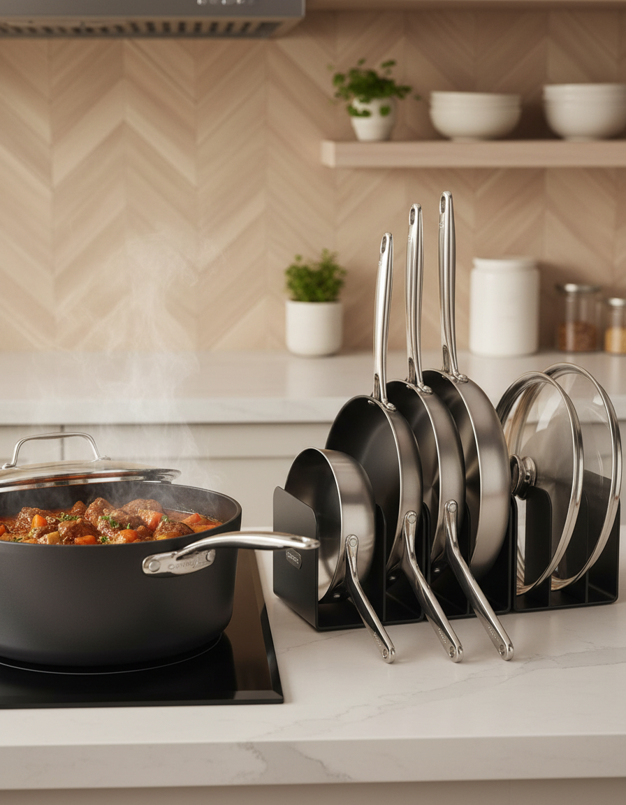 Caraway Stainless Steel Cookware Set, 12-Piece, including a fry pan, sauce pan, sauté pan, and Dutch oven with lids, neatly arranged with space-saving organizers on a white background.