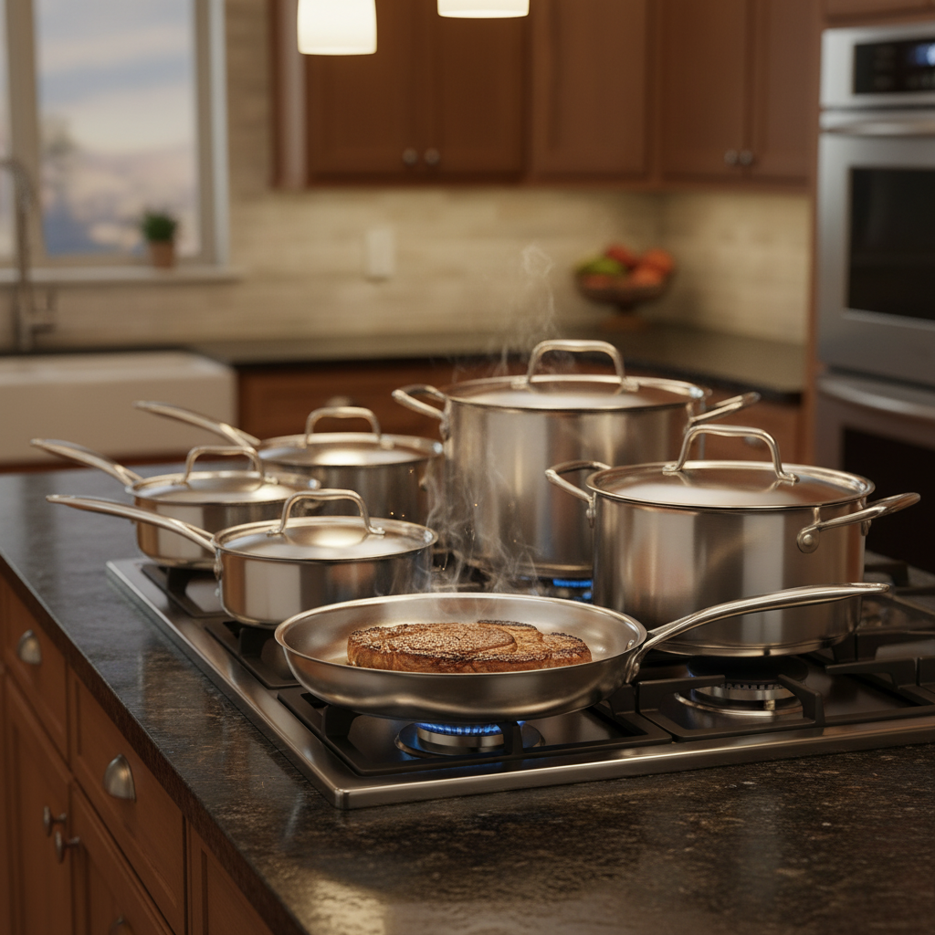 All-Clad D5 Brushed 5 Ply Stainless Steel Cookware Set, 10-Piece, with a brushed finish, displayed on a white background, featuring frying pans, saucepans, sauté pan, and stockpot with lids.