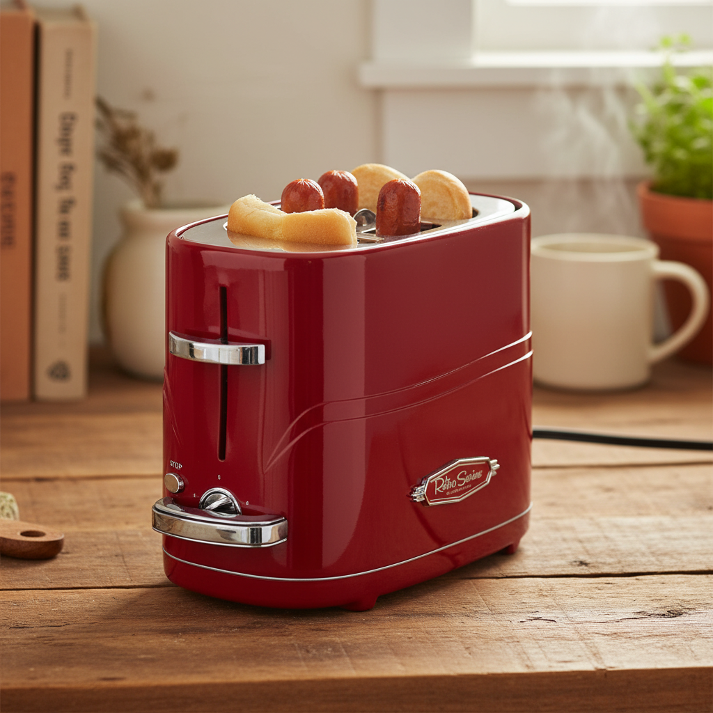 Nostalgia 2 Slot Hot Dog and Bun Toaster in retro red, toasting hot dogs and buns.