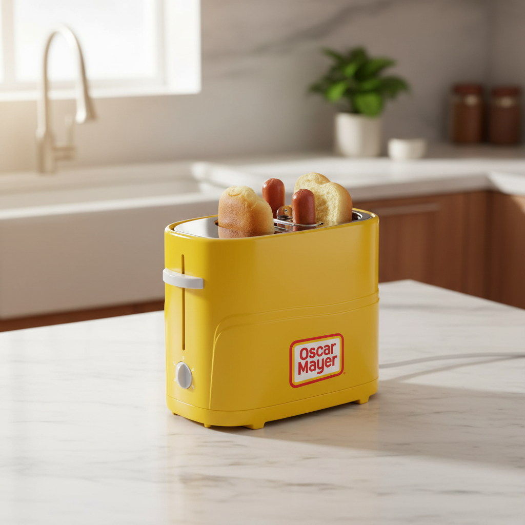 Oscar Mayer 2 Slot Hot Dog and Bun Toaster in bright yellow, with hot dogs and buns.