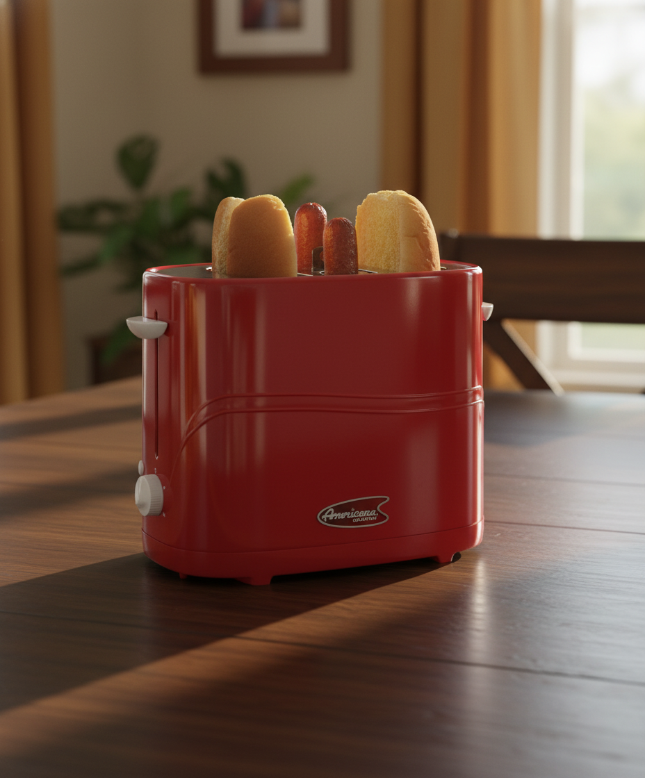 Elite by Americana Retro Pop-Up Hot Dog and Bun Toaster in red, cooking two hot dogs and buns.