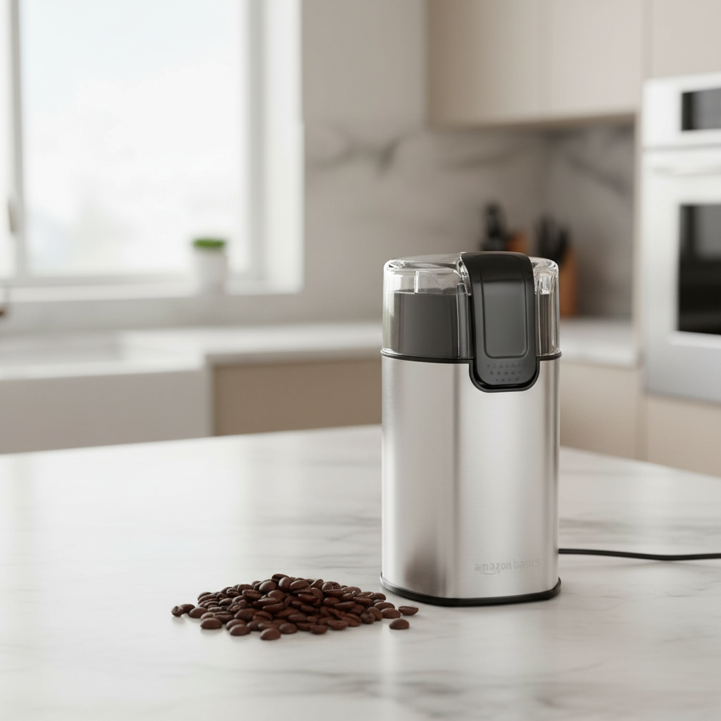 Amazon Basics Electric Coffee Grinder, sleek stainless steel design with clear lid