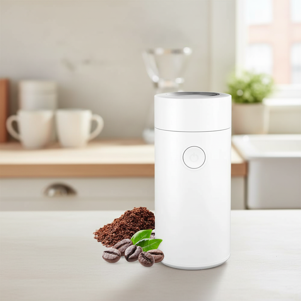 MuellerLiving Electric Coffee Grinder, white cylindrical body with power button