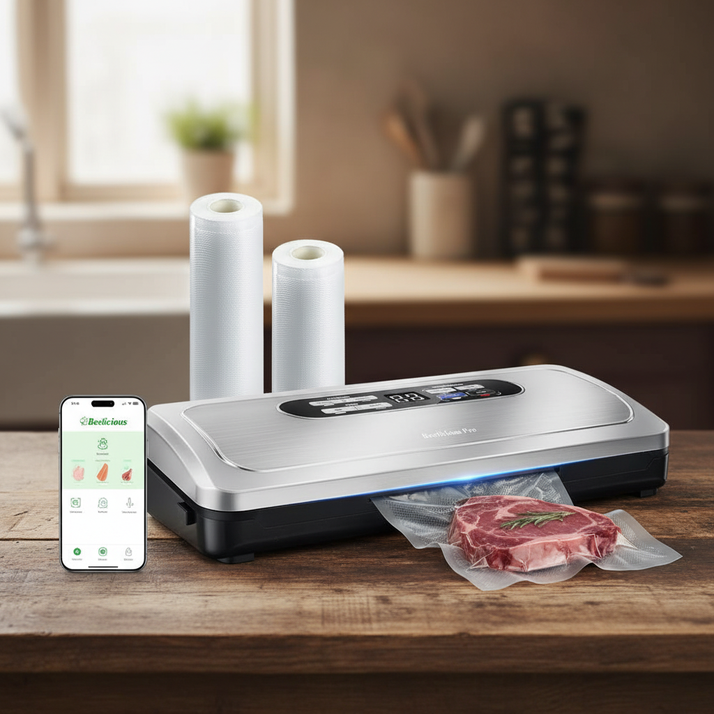 Beelicious Pro vacuum sealer machine with food rolls and a sealed steak