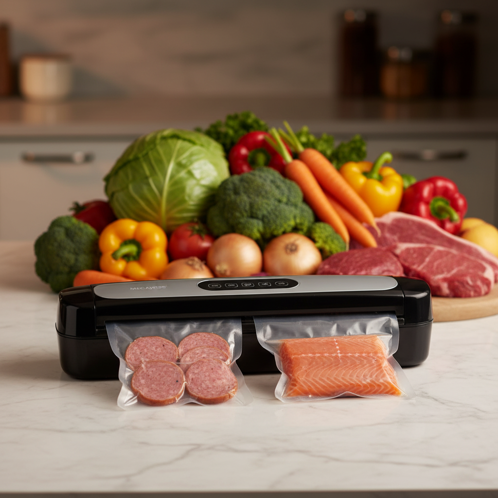 MEGAWISE 2025 vacuum sealer with sealed foods and fresh produce
