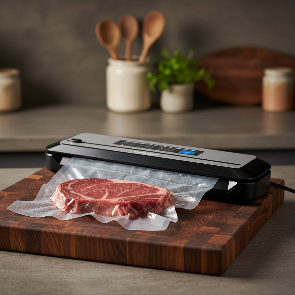 Inkbird vacuum sealer machine sealing a raw steak for preservation