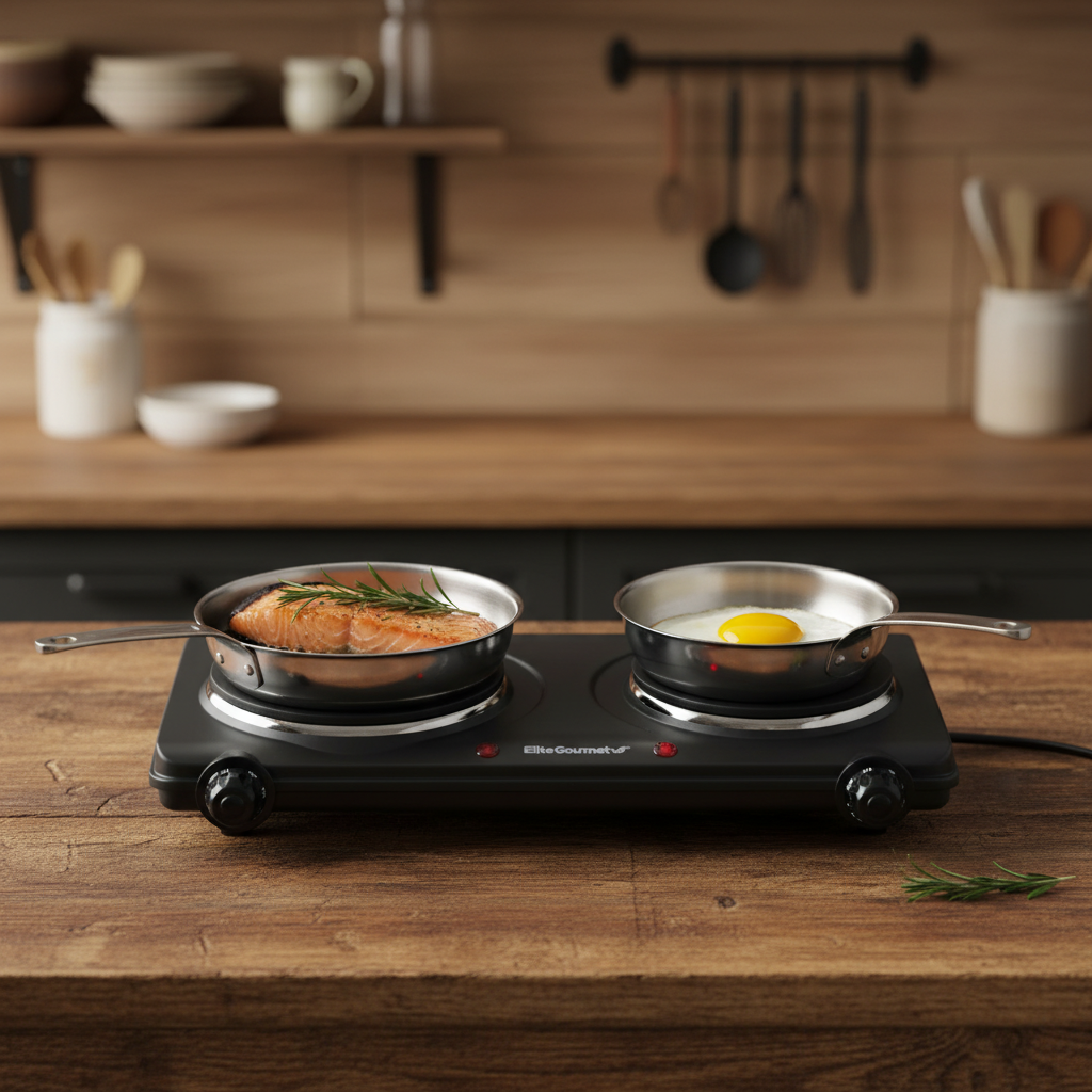 Elite Gourmet EDB-302BF# double plaque de cuisson en fonte cuisant du saumon et un œuf au plat
