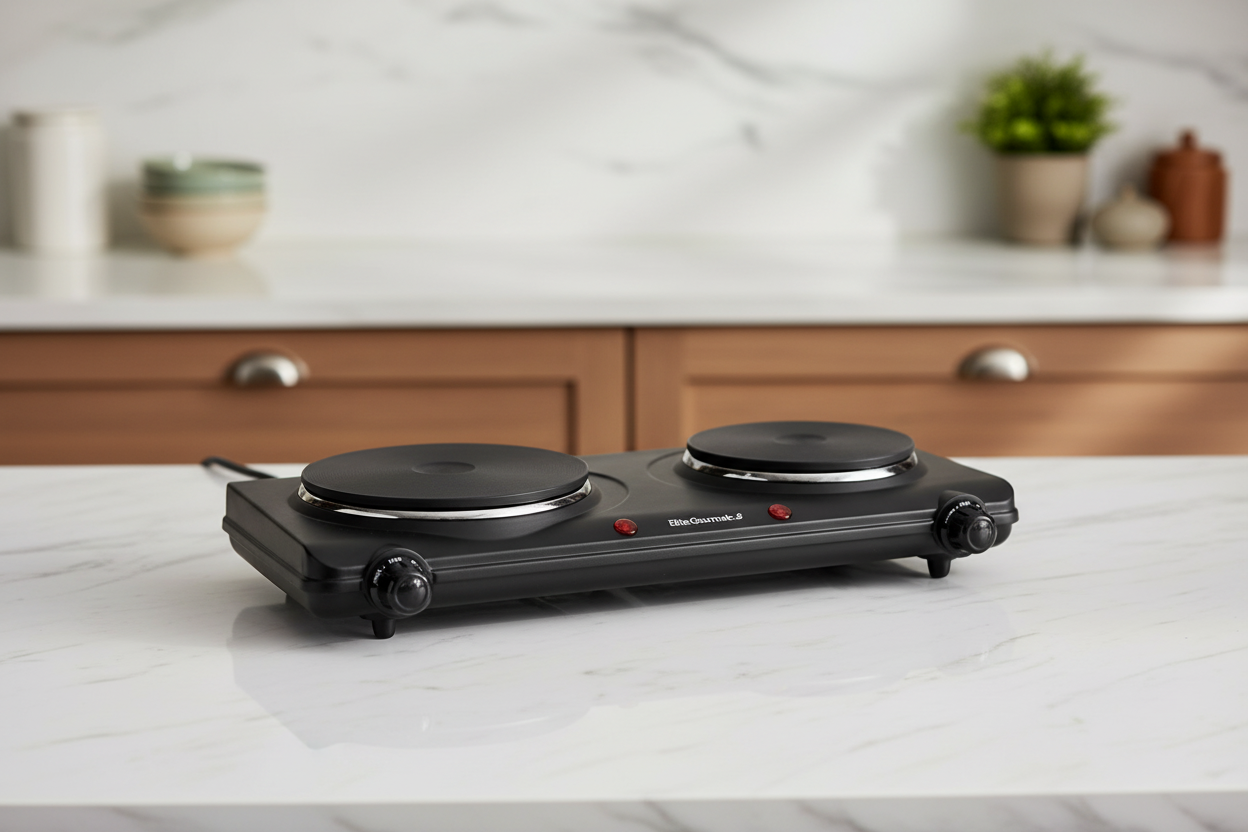 Elite Gourmet EDB-302BF plaque de cuisson double en fonte noire sur un comptoir de cuisine