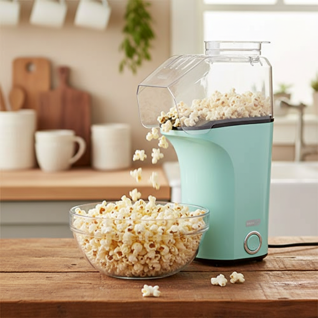 DASH Hot Air Popcorn Popper Maker in aqua, actively popping corn into a clear glass bowl on a rustic kitchen countertop.
