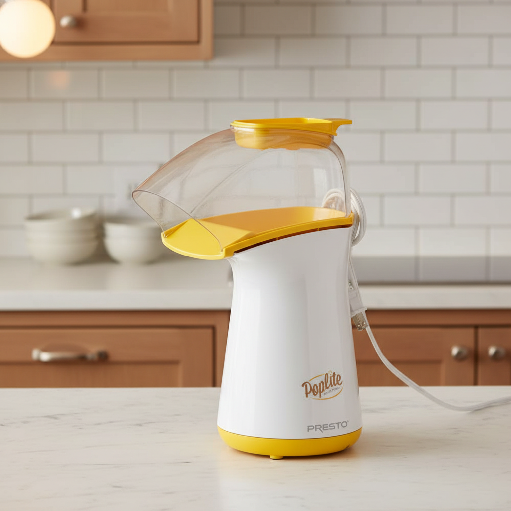 Presto Poplite Hot Air Popcorn Popper in yellow and white, standing on a clean marble kitchen countertop.