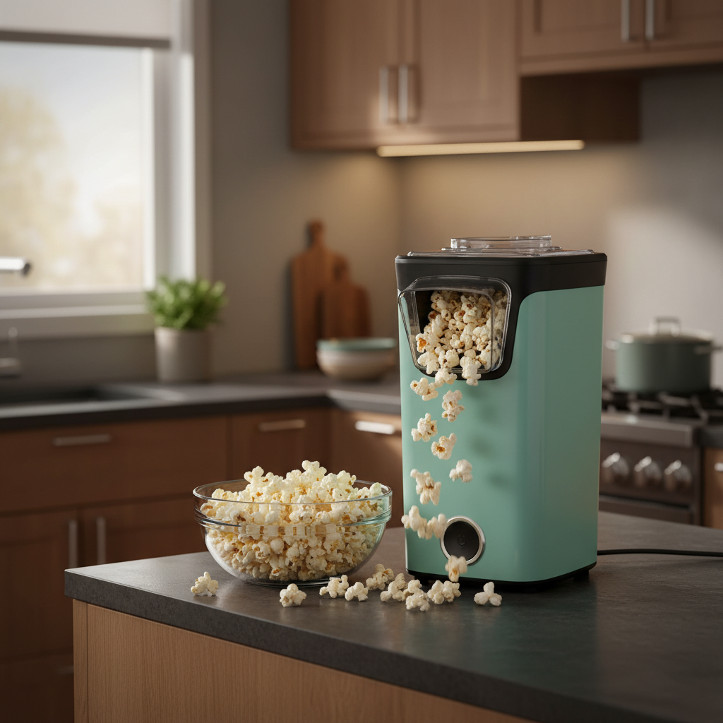 DASH Turbo POP Popcorn Maker in aqua and black, with popcorn spilling into a clear glass bowl on a modern kitchen countertop.