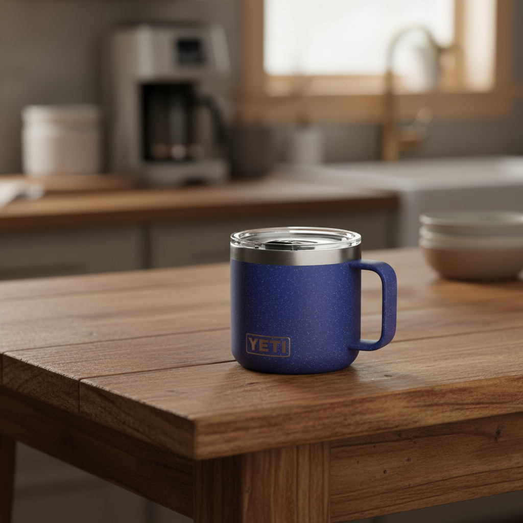 YETI Rambler 14 oz Ceramic Lined Stackable Mug in Moon Dust, perfect for hot or cold beverages