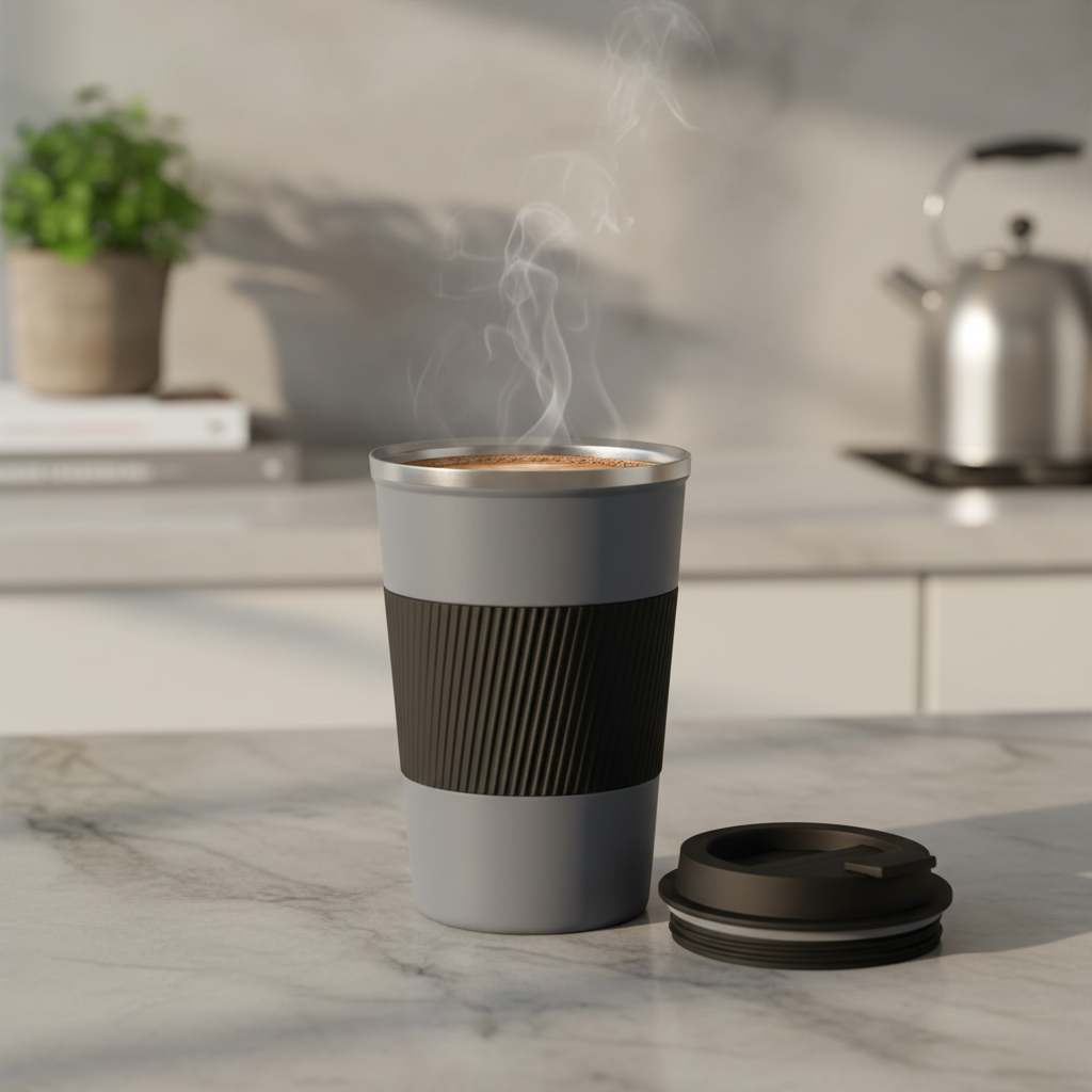 KETIEE 12oz Spill-Proof Insulated Travel Coffee Mug in sleek grey with black silicone grip