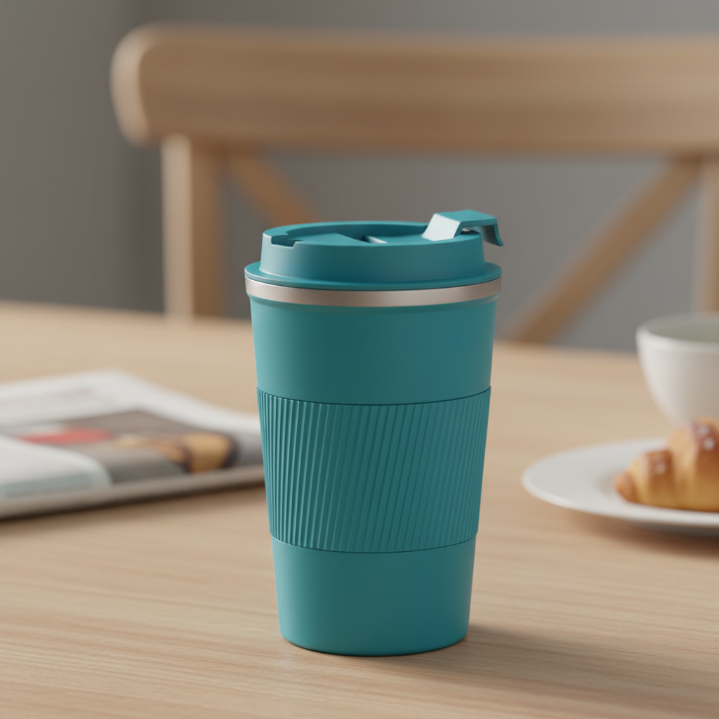 MOMSIV 12oz Insulated Travel Coffee Cup in bright teal with a secure leakproof lid