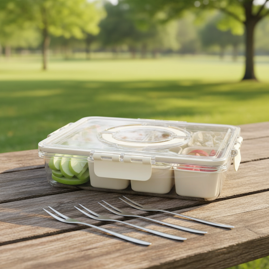 Dunruz Snackle Box Container with 8 compartments, clear lid, and individual portions of fruit, nuts, and candy, with four forks.