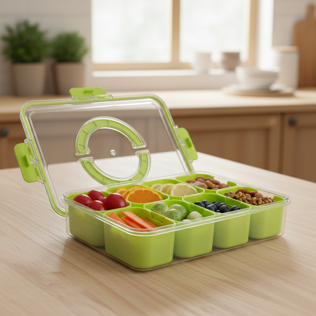 WACOI Divided Snack Serving Tray in green, filled with fresh fruits, vegetables, and nuts for easy meal prep and travel.