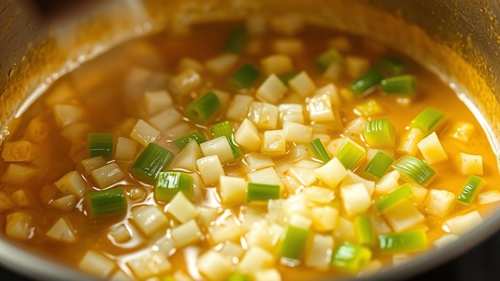 Ultra-close-up shot, 16:9 widescreen, of butter melting in a golden-yellow tinted saucepan, with finely diced onion, celery, and green bell pepper beginning to soften and glisten. The texture of the vegetables is prominent, and the warm steam rises gently. Photorealistic, no text.