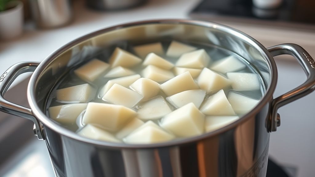 Vorgekochte Kartoffelstücke in einem Topf mit kochendem Wasser