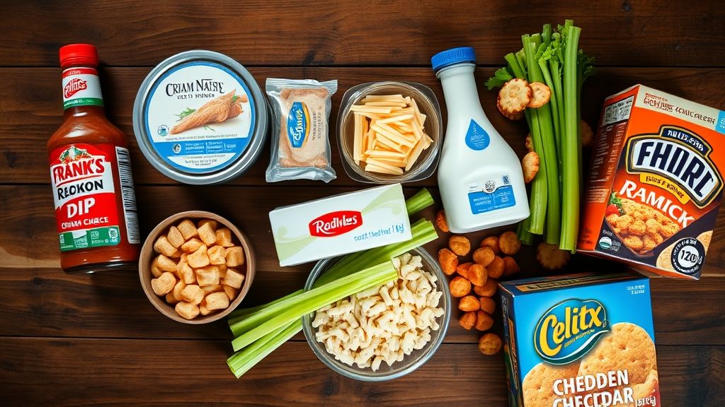 All ingredients for buffalo chicken dip laid out on a counter