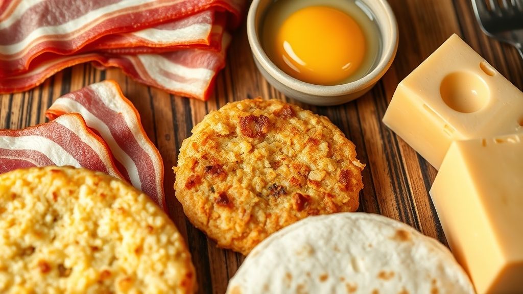 Ultra-close-up shot of raw bacon strips, uncooked hashbrown patty, fresh eggs in a bowl, a block of cheese, and a flour tortilla neatly arranged on a rustic wooden surface. Golden yellow tones, 16:9 widescreen.