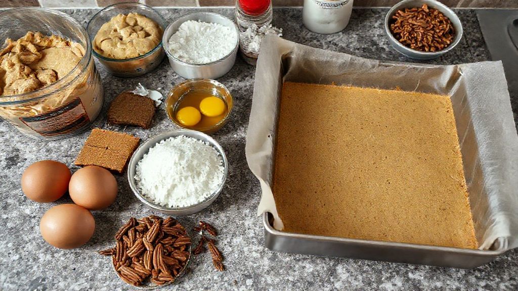 Ingredientes para las barritas de tarta de aserrín dispuestos junto con la bandeja de horno