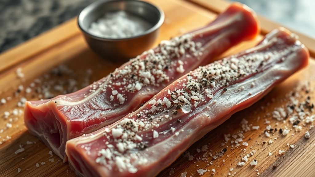 Ultra-Nahaufnahme, fotorealistisches 16:9-Bild, das rohe Schweinenackenknochen zeigt, die auf einem Schneidebrett großzügig mit grobem Koschersalz und schwarzem Pfeffer gewürzt sind. Eine kleine Schüssel mit extra Salz und Pfeffer ist im Hintergrund, unscharf. Die Beleuchtung betont die Textur der Würzung mit warmen goldgelben (#fdc754) Highlights.