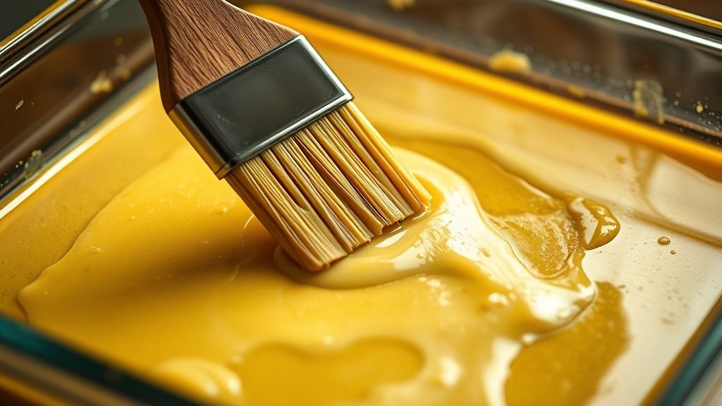 Gros plan ultra-rapproché d'un plat de cuisson en verre de 9x13 pouces légèrement beurré avec un pinceau à pâtisserie, montrant une fine couche uniforme de beurre fondu. La surface reflète une lumière dorée et chaude. Photoréaliste, format d'écran large 16:9, avec des tons jaune doré (#fdc754).