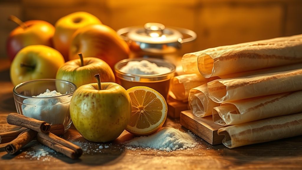 Ultra-close-up, photorealistic, 16:9 shot of a curated collection of fresh apples (Golden Delicious, Granny Smith, Honeycrisp), cinnamon sticks, lemon, sugar, and egg roll wrappers neatly arranged on a rustic wooden counter, bathed in warm, golden yellow light, emphasizing texture and color, no text.