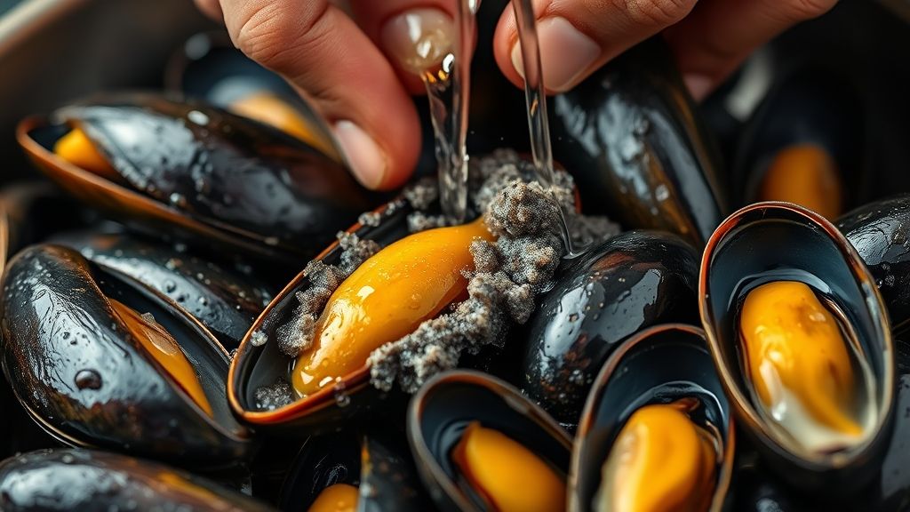 Primerísimo plano de manos frotando con vigor la suciedad de las conchas oscuras de mejillones frescos bajo un suave chorro de agua corriente de tono dorado. Las conchas de los mejillones son vibrantes y limpias, con un enfoque en su textura. Fotorealista, pantalla panorámica 16:9.