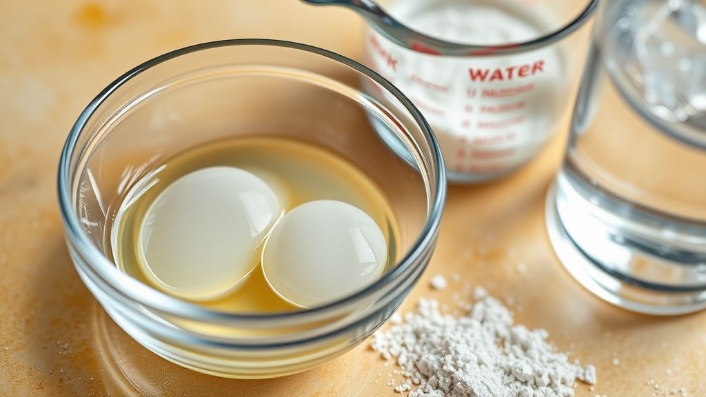 Ultra-close-up, photorealistic 16:9 image showing a small glass bowl with two clear egg whites, a measuring cup filled with sifted all-purpose flour, and a glass with very cold, possibly sparkling water, all arranged on a light golden-yellow (#fdc754) countertop. The focus is on the distinct textures and states of the ingredients, ready for mixing, with a shallow depth of field.