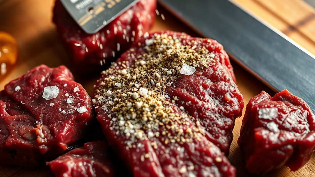 Ultra-close-up, photorealistic shot of beef chuck roast pieces being generously seasoned with kosher salt, black pepper, and garlic powder on a cutting board. The spices should cling to the dark red meat, highlighting texture and color. Warm golden yellow (#fdc754) lighting. 16:9 widescreen.