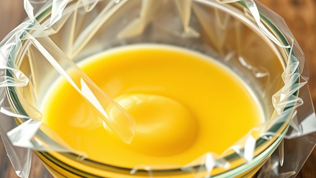 Ultra-Nahaufnahme, fotorealistisches 16:9-Bild einer Glas-Puddingschüssel, die mit klarer Frischhaltefolie ausgekleidet wird, mit reichlich Überhang. Die Frischhaltefolie liegt glatt an der Innenseite der Schüssel an und zeigt Reflexionen in goldgelben Tönen.