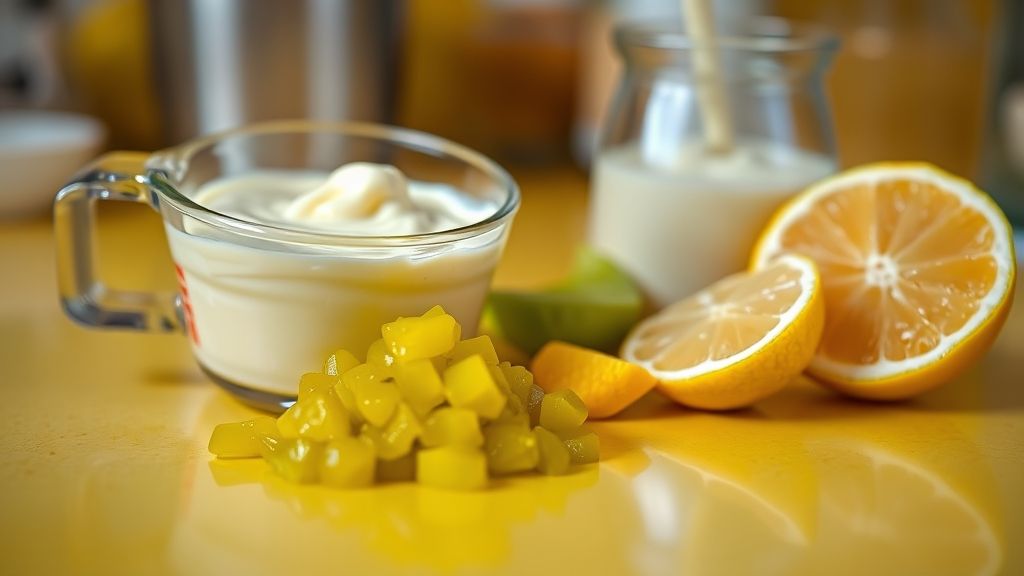 Una toma ultra cercana en un mostrador limpio de color amarillo dorado, mostrando los ingredientes esenciales para la salsa tártara: una taza de mayonesa cremosa, un pequeño montón de encurtido de pepinillos dulces de color verde brillante, un poco de mostaza amarilla y un limón fresco cortado por la mitad, con su jugo recién exprimido en un pequeño vaso. El enfoque destaca las texturas y los colores vibrantes. Fotorealista, proporción de aspecto 16:9, sin texto.