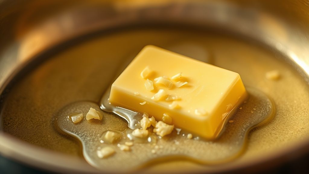 Ultra-Nahaufnahme von Butter, die in einem Antihaft-Saucentopf bei mittlerer bis niedriger Hitze schmilzt. Gehackter Knoblauch wird gerade hinzugefügt, beginnt zu zischen und wird zu einem zarten Gold. Die Szene ist in ein warmes goldgelbes Licht (#fdc754) getaucht. Fotorealistisch, 16:9 Breitbild-Format.