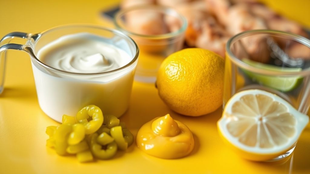 Eine ultra-nahe Aufnahme auf einer sauberen, goldgelben Arbeitsplatte, die die wesentlichen Zutaten für Tartar-Sauce zeigt: ein Messbecher mit cremiger Mayonnaise, ein kleines Häufchen hellgrünes süßes Pickles-Relish, ein Klecks gelber Senf und eine frische, halbierte Zitrone, deren Saft gerade in ein kleines Glas gepresst wird. Der Fokus liegt auf den Texturen und den lebendigen Farben. Fotorealistisch, Seitenverhältnis 16:9, kein Text.