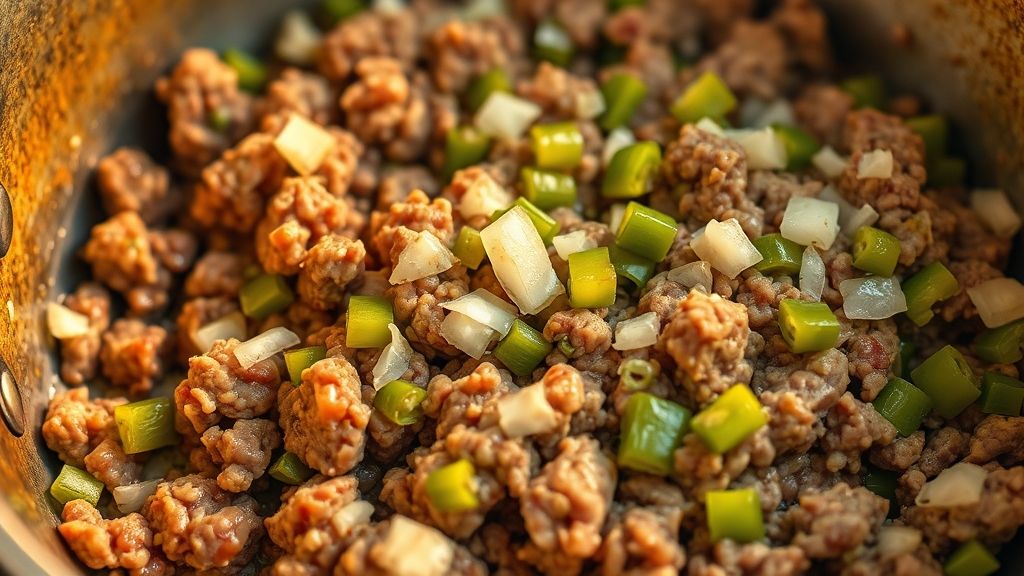 Ultra-close-up of ground beef browning in a large saucepan, mixed with finely chopped onions, minced garlic, and diced green bell pepper. The texture of the sizzling meat and translucent vegetables is highlighted under warm, golden-yellow (#fdc754) lighting. Photorealistic, 16:9 widescreen aspect ratio.