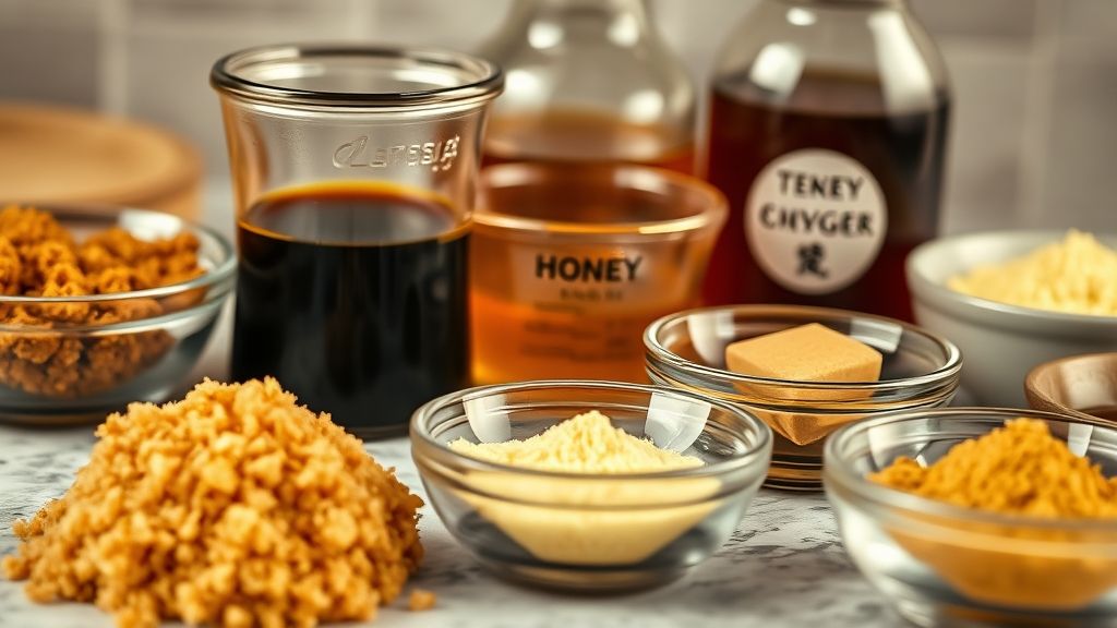 Eine ultra-nahe, fotorealistische, 16:9 Breitbildaufnahme von verschiedenen Teriyaki-Sauce-Zutaten, ordentlich auf einer Arbeitsplatte arrangiert: eine kleine Schüssel mit braunem Zucker, ein klares Glas-Messbecher mit Sojasauce, ein Glas Honig und kleine Schüsseln mit gemahlenem Ingwer und Knoblauchpulver. Die Szene ist mit warmen, goldgelben (#fdc754) Tönen beleuchtet, die Textur und Bereitschaft betonen. Kein Text oder Menschen.