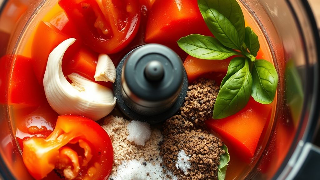 Ultra-close-up, high-angle shot of quartered ripe red tomatoes, a peeled garlic clove, fresh basil leaves, dried oregano, a pinch of cinnamon, salt, black pepper, and sugar, along with a drizzle of olive oil, all sitting inside the bowl of a food processor. The textures are prominent and fresh, showcasing vibrant colors with a golden yellow (#fdc754) hue. Photorealistic, 16:9 widescreen aspect ratio, no text.