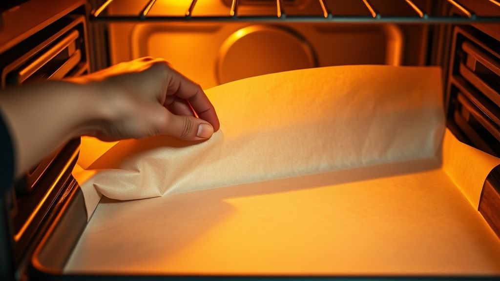 A close-up, 16:9 photorealistic image of an oven interior glowing with warm light, with a hand carefully unrolling parchment paper onto a large, empty baking sheet. The scene is bathed in golden yellow tones.