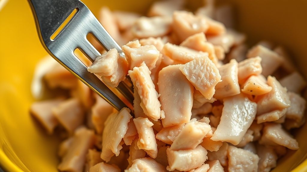 Un gros plan ultra-rapproché, une photo réaliste de thon albacore bien égoutté émietté avec une fourchette dans un bol de mélange en céramique jaune doré. Le thon a une texture légèrement émiettée, et l'éclairage jaune doré met en valeur sa couleur naturelle. Format panoramique 16:9. Aucun texte, mots ou filigranes.